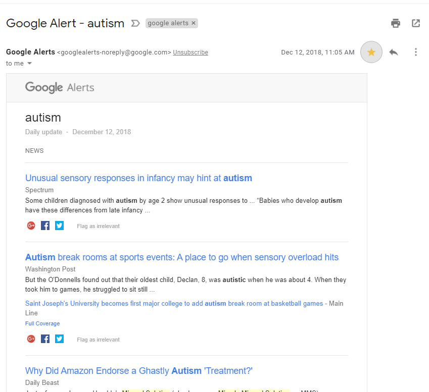 Snapshot | Google Alerts – Autism | Circa December 12, 2018