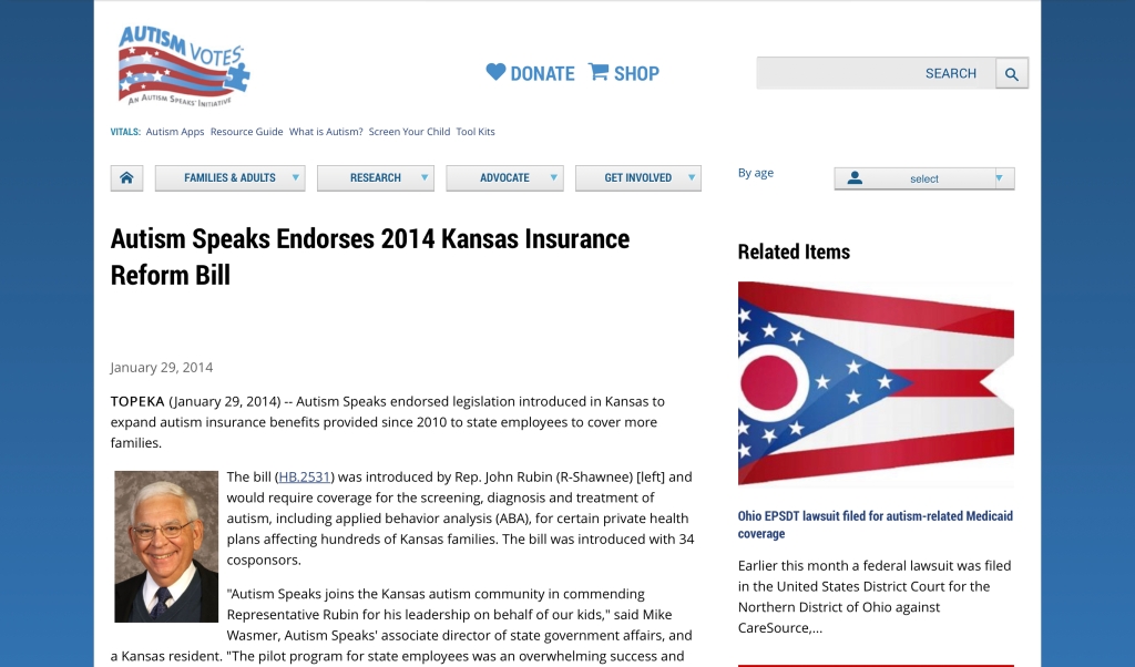 Autism Speaks Endorses 2014 Kansas Insurance Reform Bill  | Jan. 29, 2014 #AutisticHistory #BanABA