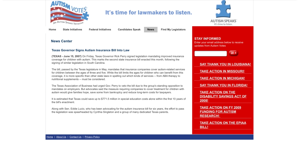Autism Speaks, Autism Votes | Texas Governor Signs Autism Insurance Bill Into Law | June 15, 2007 #AutisticHistory #BanABA
