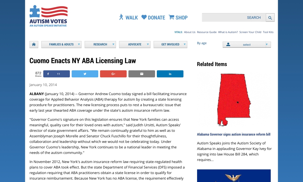 Autism Speaks | Cuomo Enacts NY ABA Licensing Law | Jan. 10, 2014 #AutisticHistory #BanABA #StopBigAutism